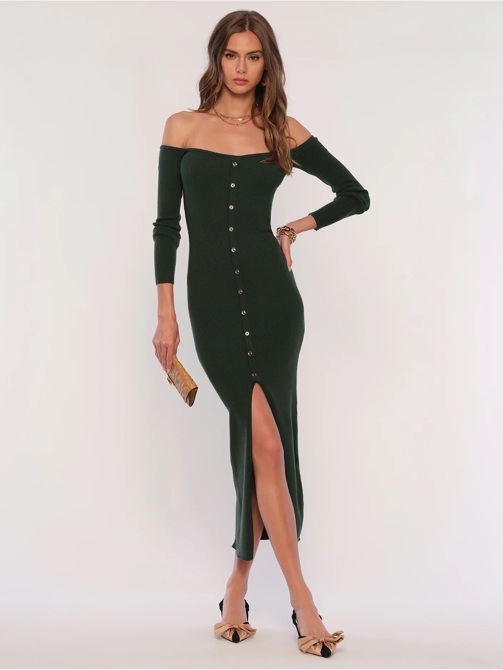 Heartloom Off-Shoulder Button-Front Midi Dress in Forest Green